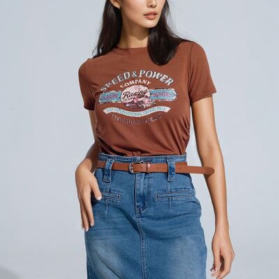 Camiseta marron avec cuello redondo et estampado gráfico