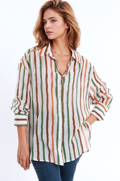 camisa de gasa de manga larga con rayas multicolores verde y marrón