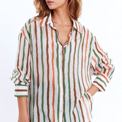 camisa de gasa de manga larga con rayas multicolores verde y marrón