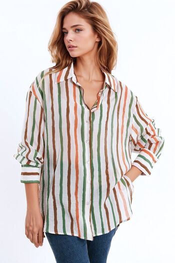 camisa de gasa de manga large con rayas multicolores verde y marron 1