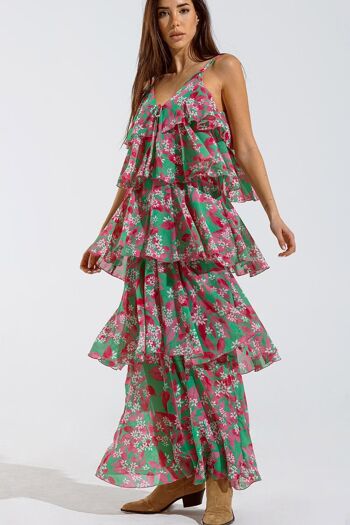 Robe longue de gaz avec plis en capas et design floral 4