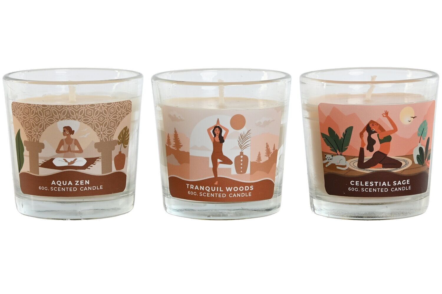 CANDELA IN CERA CRISTALLO 7X7X8 60 GR, YOGA 3 SURT. DA212906