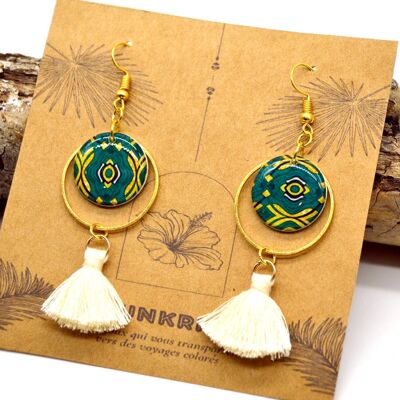 Dangling Earrings: African Elegance in Green and Yellow Wax Patterns
