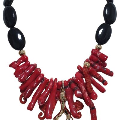 Coral twig necklace with onyx