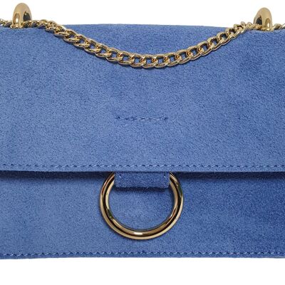 Light blue suede bag with gold accessories