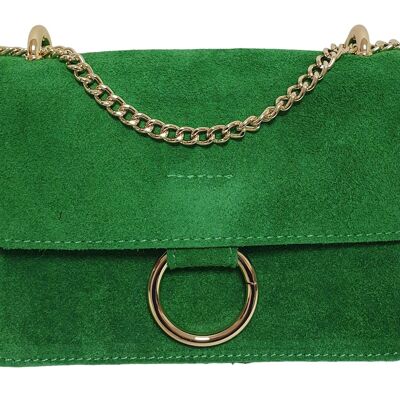 Green suede bag with gold accessories