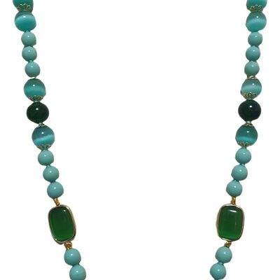Knot necklace with green crystals, pearls and multicolored glass