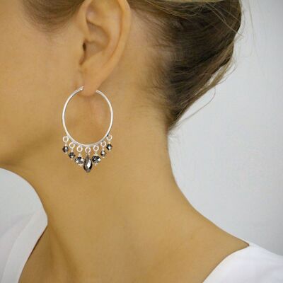 Silver hoop Black Diamond crystals earrings