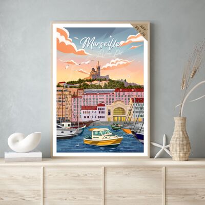 Vintage travel poster and wooden painting for interior decoration / Marseille - The Old Port