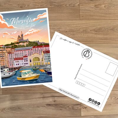 Cartolina da viaggio vintage, illustrazione di Marsiglia, per la decorazione di interni / Marsiglia - Il Porto Vecchio
