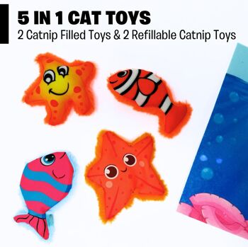 Ensemble de jouets pour chat 5 en 1 MyMeow Aqua Adventures, comprenant 2 jouets remplis d'herbe à chat et 2 jouets rechargeables à l'herbe à chat, plus un tapis de jeu interactif 2