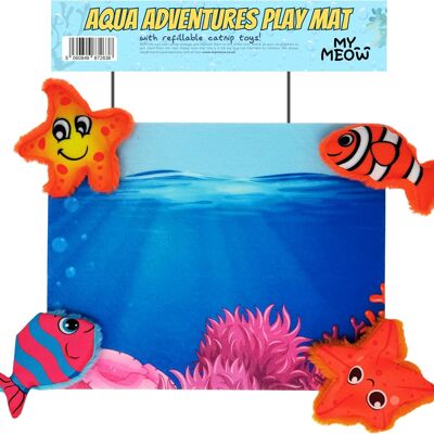 MyMeow Aqua Adventures Juego de juguetes para gatos 5 en 1, que incluye 2 juguetes rellenos de hierba gatera y 2 juguetes con hierba gatera recargables, además de una alfombra de juego interactiva