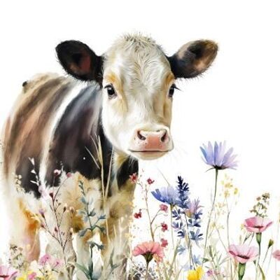 Vaca de postal sostenible en el prado
