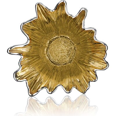 Farbige und silberne Glasschale 24x24 cm, Linie „Pearly Gold Sunflower“.