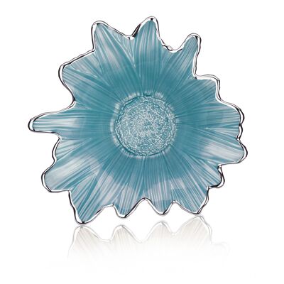 Farbige und silberne Glasschale 24x24 cm, Linie „Pearly Light Blue Sunflower“.