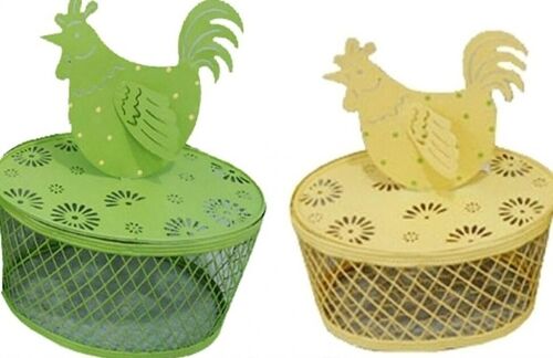 METAL BASKET "ROOSTER" WITH LID  IN 2 SPRING COLORS DIMENSION: 24x22x15cm CT-703