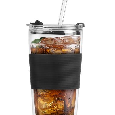 thermal glass mug with straw 600 ml FUORI black 0374