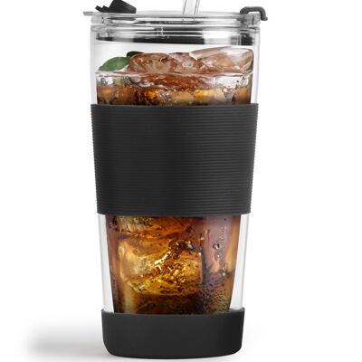 thermal glass mug with straw 600 ml FUORI black 0374