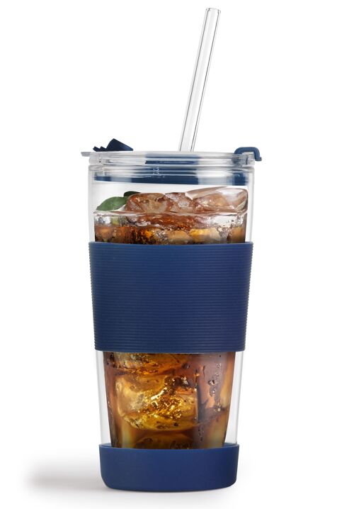 thermal glass mug with straw 600 ml FUORI navy blue 0381