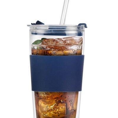 taza térmica de vidrio con pajita 600 ml FUORI azul marino 0381