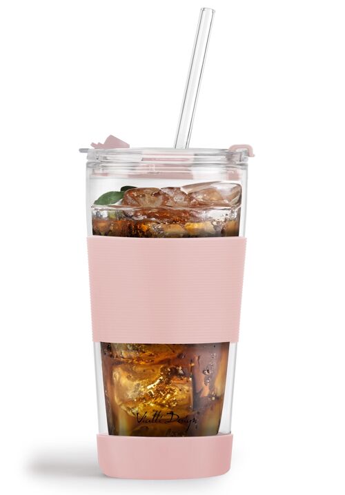 thermal glass mug with straw 600 ml FUORI pink 0411