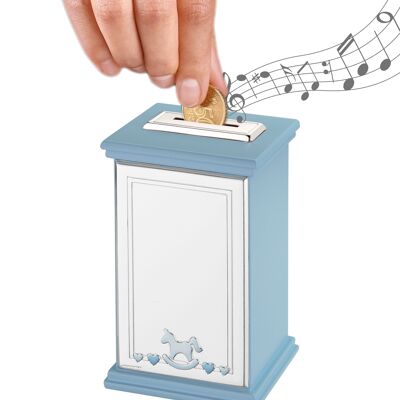 Hucha infantil plateada 8x8x12 cm con caja de música Línea "Caballo" - Azul claro