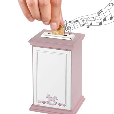 Silver Piggy Bank for Girls 8x8x12 cm with Music Box "Horse" Line Pink
