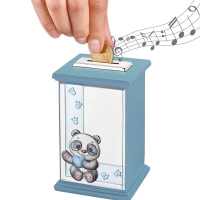 Child's Silver Piggy Bank 8x8x12 cm with Music Box "I Piccolini" Line - Light Blue
