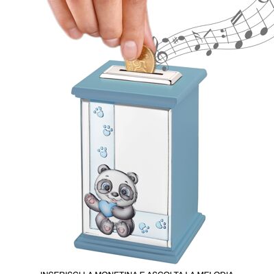 Child's Silver Piggy Bank 8x8x12 cm with Music Box "I Piccolini" Line - Light Blue