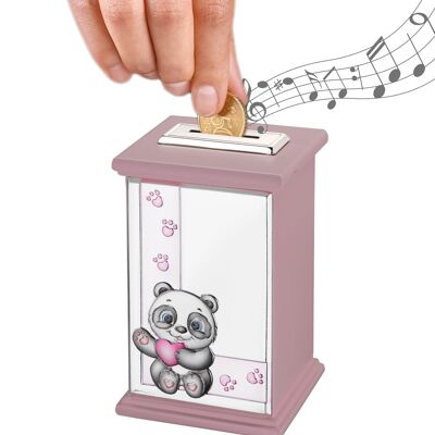 Silbernes Sparschwein für Mädchen 8x8x12 cm mit Spieluhr „I Piccolini“ Pink Line