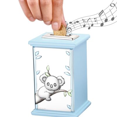 Hucha Infantil Plata 8x8x12 cm con Caja de Música Línea "Koala" - Azul Claro