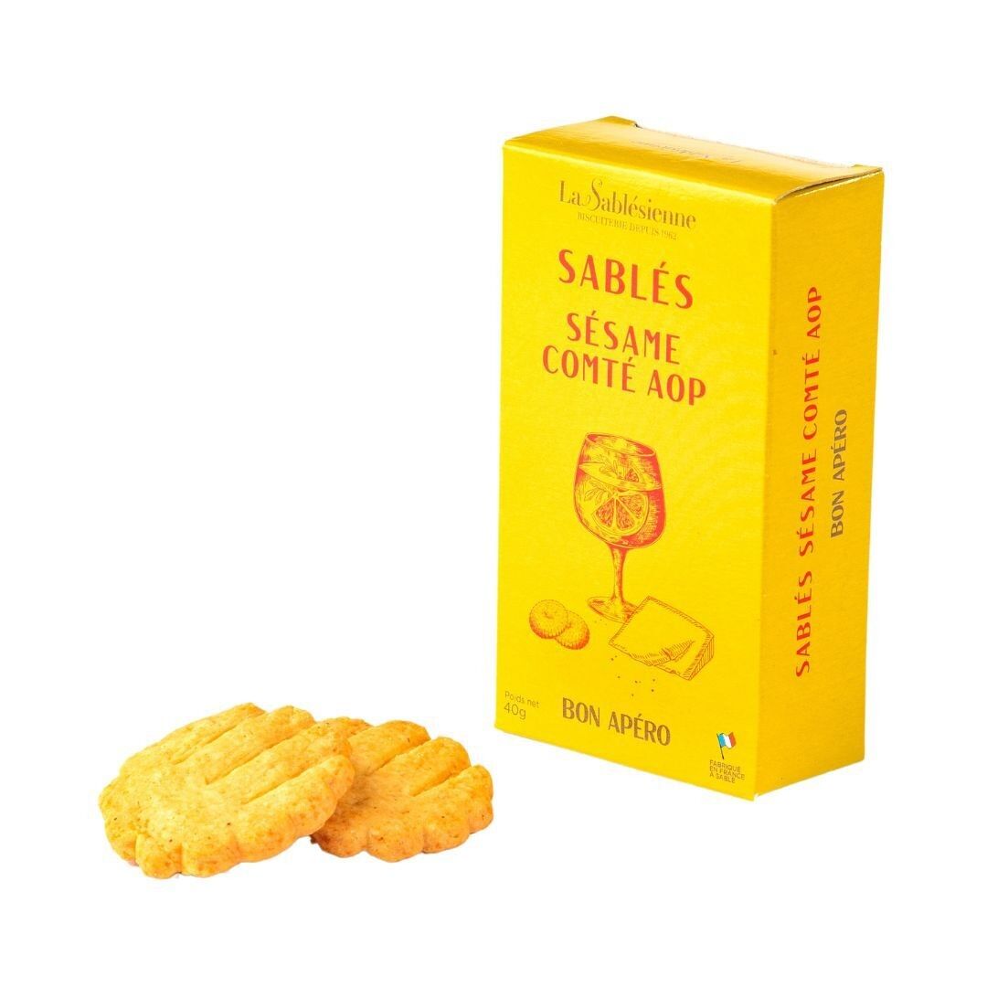 Sesame and Comté AOP savory shortbread biscuits - 40g cardboard box. PROMO SHORT END 24/06/26