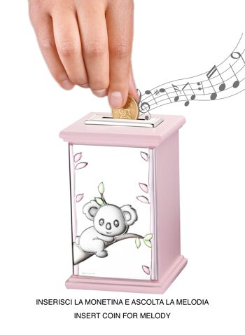 Tirelire Argent Fille 8x8x12 cm avec Boîte à Musique "Koala" Ligne Rose 1