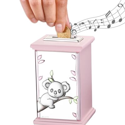 Silver Piggy Bank for Girls 8x8x12 cm with Music Box "Koala" Pink Line