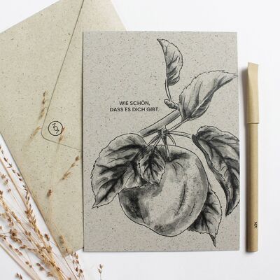 Greeting card made of grass paper, apple