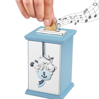 Child's Silver Piggy Bank 8x8x12 cm with Music Box "Little Navy" Line - Light Blue