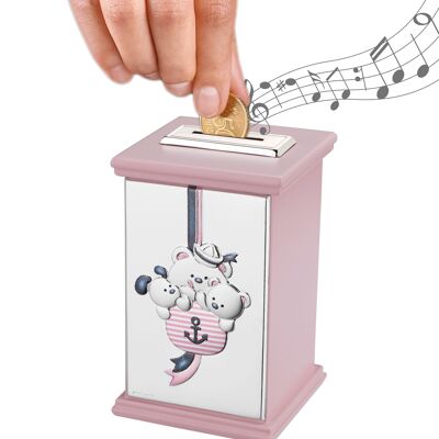 Silbernes Sparschwein für Mädchen 8x8x12 cm mit Spieluhr „Little Navy“ Pink Line