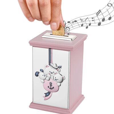 Tirelire Argent Fille 8x8x12 cm avec Boîte à Musique "Petite Marine" Ligne Rose