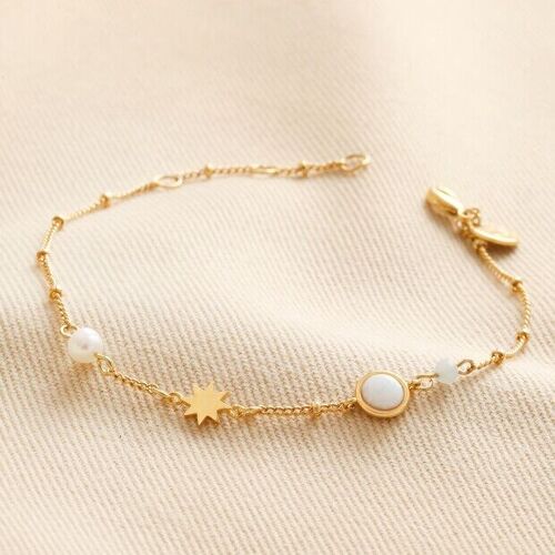 Pearl and Crystal Moon and Stars Bracelet in Gold