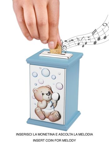 Tirelire Enfant Argent 8x8x12 cm avec Boite à Musique Ligne "Bubble Games" - Bleu Clair 1