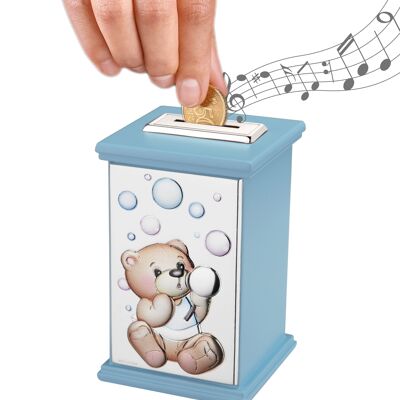 Hucha Infantil Plata 8x8x12 cm con Caja de Música Línea "Bubble Games" - Azul Claro