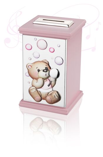 Tirelire Argent Fille 8x8x12 cm avec Boîte à Musique Ligne "Bubble Games" Rose 2