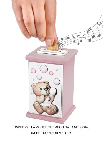 Tirelire Argent Fille 8x8x12 cm avec Boîte à Musique Ligne "Bubble Games" Rose 1