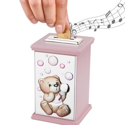 Hucha Plata para Niña 8x8x12 cm con Caja de Música "Juegos de Burbujas" Línea Rosa