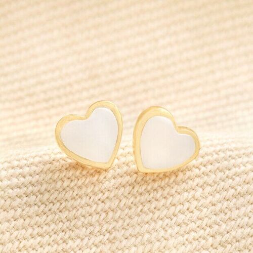 Gold Sterling Silver Mother of Pearl Heart Stud Earrings