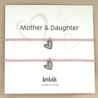 Mother and daughter bracelet set pink, stainless steel silver