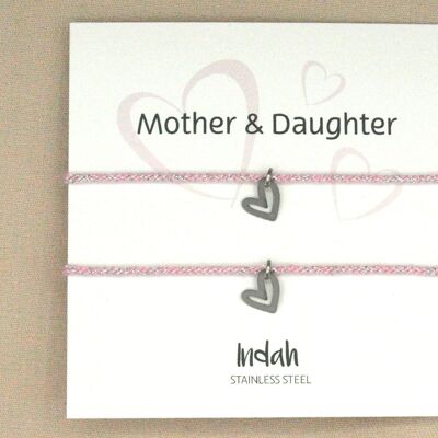 Mother and daughter bracelet set pink, stainless steel silver