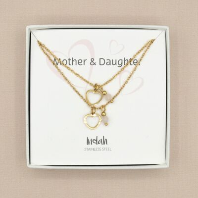 Necklace set mother and daughter rose quartz in silver or gold stainless steel