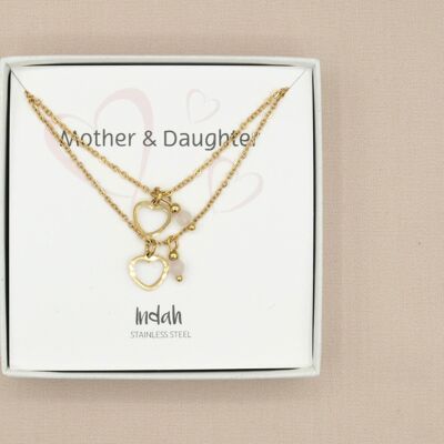 Halsketten-Set Mutter und Tochter aus Rosenquarz in Silber oder Gold aus Edelstahl