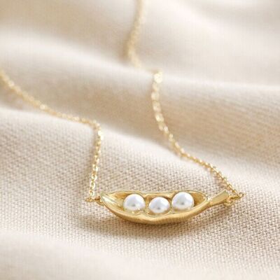Perlenerbsen-Halskette in einer Schote, Gold (3 Erbsen)